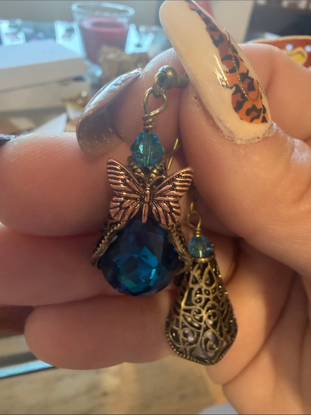 Vintage-Inspired Teal Crystal Butterfly Drop Earrings HANDMADE
